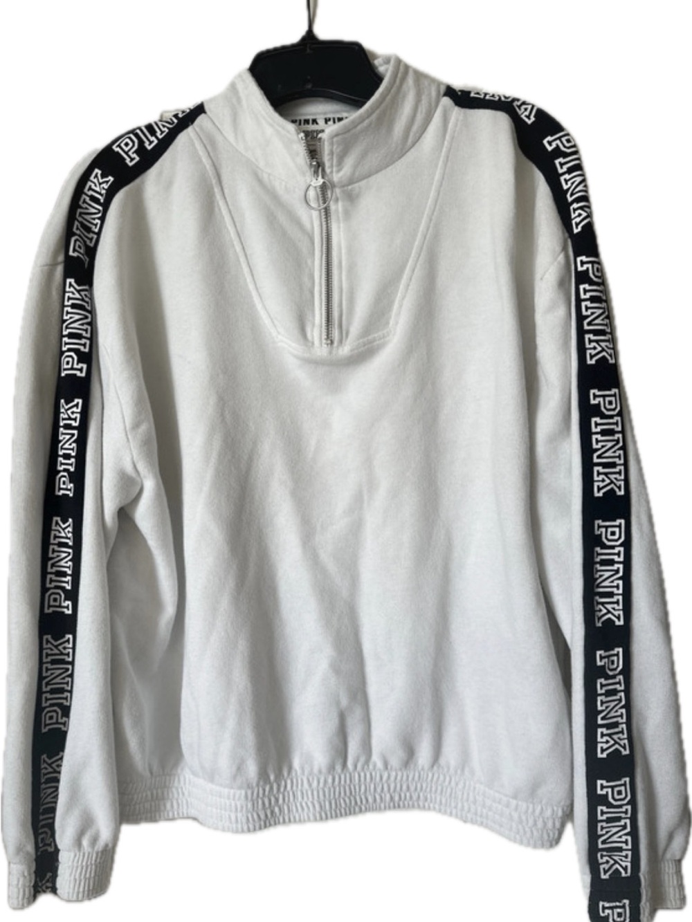 PINK Victoria's Secret White Quarter-Zip Pullover with Black Branded Sleeve Tape